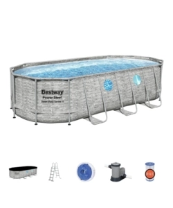 PISCINA FUORI TERRA CON STRUTTURA OVALE BESTWAY "POWER STEEL SWIM VISTA" EFFETTO PIETRA 549x274x122 CM