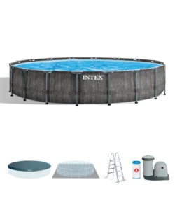 PISCINA FUORI TERRA CON STRUTTURA ROTONDA INTEX "PRISMA FRAME GREYWOOD" EFFETTO LEGNO ANTRACITE 549X549X122 CM - COD. 26744NP