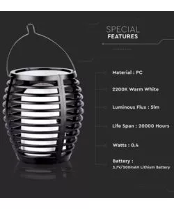 LAMPADA LED SOLARE DA ESTERNO A FORMA DI TORCIA  MULTI APPLICABILE VTAC NERO 2200 K