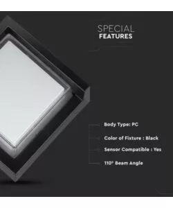 APPLIQUE LED DA ESTERNO QUADRATA SEMICOPERTA VTAC NERO 3000K 7W