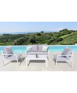SET DA GIARDINO ELICA GARDEN "HELSINKI" IN ALLUMINIO BIANCO CON 2 POLTRONE, UN DIVANO E UN TAVOLINO