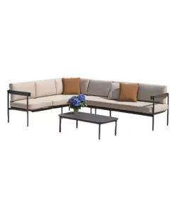 SET DA GIARDINO SOLARIA "TORVAIANICA" IN ALLUMINIO ANTRACITE SABBIA 6 SEDUTE E 1 TAVOLINO