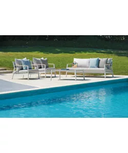 SET DA GIARDINO SOLARIA "CASSIS" IN ALLUMINIO BIANCO E TEAK 5 SEDUTE E TAVOLINO