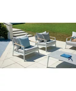 SET DA GIARDINO SOLARIA "CASSIS" IN ALLUMINIO BIANCO E TEAK 5 SEDUTE E TAVOLINO