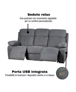 DIVANO 3 POSTI BELLAHOME "ANNIKA" CON 2 RECLINER MOTORIZZATI GRIGIO CANNA DI FUCILE 198X93X101 CM