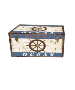 Baule in legno vintage BellaHome rivestito in ecopelle fantasia "Ocean" grande 69x40x44 cm