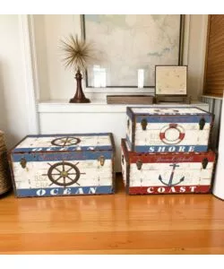 Baule in legno vintage BellaHome rivestito in ecopelle fantasia "Ocean" medio 60x34,5x38,5 cm