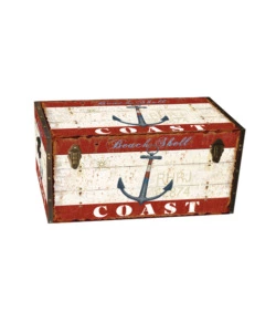 Baule in legno vintage BellaHome rivestito in ecopelle fantasia "Ocean" medio 60x34,5x38,5 cm