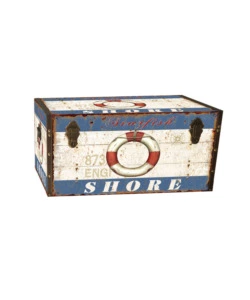 Baule in legno vintage BellaHome rivestito in ecopelle fantasia "Ocean" piccolo 51x29,5x38,5 cm