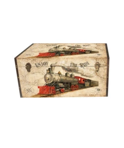 Baule in legno vintage BellaHome rivestito in ecopelle fantasia "Transport" grande 69x40x44 cm
