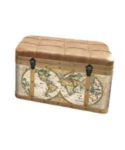 Baule in legno vintage BellaHome con seduta imbottita rivestito in ecopelle fantasia "Atlantis" grande 80x40x40 cm