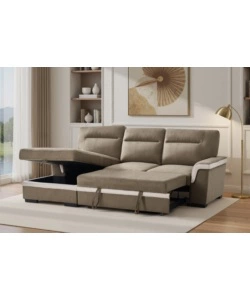 DIVANO LETTO ANGOLARE "ERIKA" IN TESSUTO MARRONE CON PENISOLA A DESTRA 254X92/165X102 CM