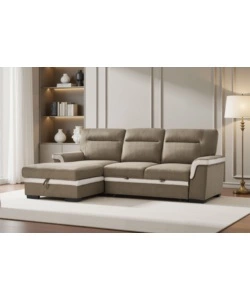 DIVANO LETTO ANGOLARE "ERIKA" IN TESSUTO MARRONE CON PENISOLA A DESTRA 254X92/165X102 CM