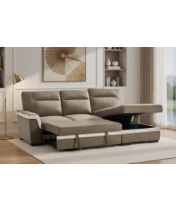 DIVANO LETTO ANGOLARE "ERIKA" IN TESSUTO MARRONE CON PENISOLA A SINISTRA 254X92/165X102 CM