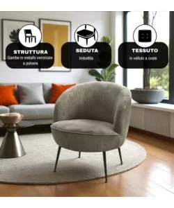 POLTRONA "NORA" IN VELLUTO A COSTE GRIGIO 63X71X71 CM