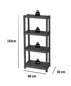 SCAFFALE 4 RIPIANI IN POLIPROPILENE "IPERIONE" NERO 60X30X143 CM