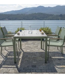 SET DA GIARDINO SOLARIA "TARQUINIA" VERDE IN FERRO E VETROCERAMICA 4 SEDUTE E TAVOLO