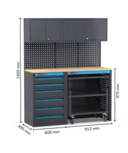 ARREDAMENTO MODULARE GARAGE FAMI "LINEA 391" CON CASSETTIERA E CARRELLO A 3 PIANI IN LAMIERA ANTRACITE 152X49,5X190 CM
