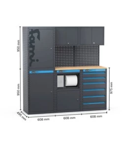 ARREDAMENTO MODULARE GARAGE FAMI "LINEA 391" CON ARMADI A 1 ANTA, MODULO DI SERVIZIO E CASSETTIERA IN LAMIERA ANTRACITE 182,4X49,5X190 CM