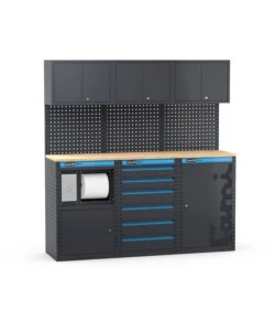 ARREDAMENTO MODULARE GARAGE FAMI "LINEA 391" CON MODULO DI SERVIZIO, CASSETTIERA E ARMADIO 1 ANTA IN LAMIERA ANTRACITE 182,4X49,5X190 CM