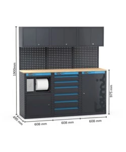 ARREDAMENTO MODULARE GARAGE FAMI "LINEA 391" CON MODULO DI SERVIZIO, CASSETTIERA E ARMADIO 1 ANTA IN LAMIERA ANTRACITE 182,4X49,5X190 CM