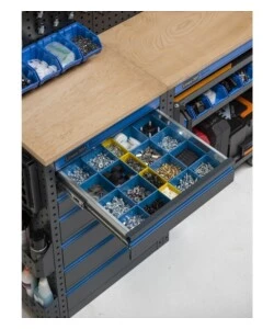 ARREDAMENTO MODULARE GARAGE FAMI "LINEA 391" CON ARMADI A UN ANTA, MODULO DI SERVIZIO, CASSETTIERA, CARRELLO E CONTENITORI IN LAMIERA ANTRACITE 395,2X49,5X190 CM