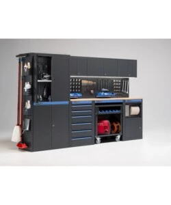ARREDAMENTO MODULARE GARAGE FAMI "LINEA 391" CON ARMADI A DUE ANTE, CASSETTIERA, CARRELLO E MODULO DI SERVIZIO IN LAMIERA ANTRACITE 304X49,5X190 CM