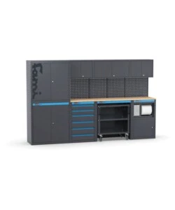 ARREDAMENTO MODULARE GARAGE FAMI "LINEA 391" CON ARMADI A DUE ANTE, CASSETTIERA, CARRELLO E MODULO DI SERVIZIO IN LAMIERA ANTRACITE 304X49,5X190 CM