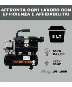 Compressore aria silenziato Dolomitech 8lt 0,73hp