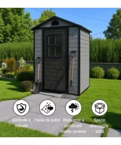 Casetta da giardino Domus "Leonor 4x3" in resina grigio con porta battente singola 129x106x198 cm