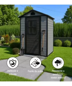 Casetta da giardino Domus "Leonor 4x3" in resina grigio con porta battente singola 129x106x198 cm