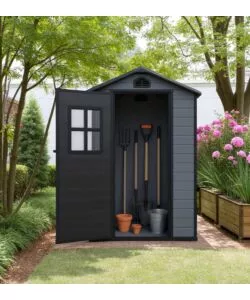 Casetta da giardino Domus "Leonor 4x3" in resina grigio con porta battente singola 129x106x198 cm