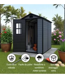 Casetta da giardino Domus "Leonor 4x6" in resina grigio con porta battente singola 134x194x198 cm