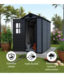 Casetta da giardino Domus "Leonor 4x6" in resina grigio con porta battente singola 134x194x198 cm
