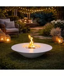 CAMINO BIOETANOLO DA TERRA TONDO PER INTERNO ESTERNO DIVINA FIRE "SANTORINI" IN ACCIAIO BIANCO Ø60X15 CM