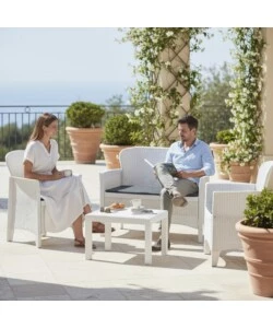 Set da giardino "Jungle" in polipropilene con cuscini bianco 4 sedute e tavolino