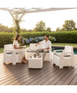 Set da giardino "Bellagio" in polipropilene bianco 4 sedute e tavolino