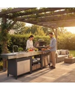 CUCINA DA ESTERNO MODULARE OMPAGRILL "INDIAN" IN ACCIAIO INOX CON BARBECUE INDIANAPOLIS 4/B, LAVELLO E TAVOLO