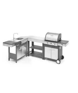 CUCINA DA ESTERNO MODULARE OMPAGRILL "INDIAN" IN ACCIAIO INOX CON BARBECUE INDIANAPOLIS 4/B, LAVELLO, TAVOLO E CORNER