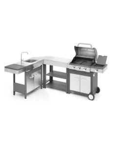 CUCINA DA ESTERNO MODULARE OMPAGRILL "INDIAN" IN ACCIAIO INOX CON BARBECUE INDIANAPOLIS 4/B, LAVELLO, TAVOLO E CORNER