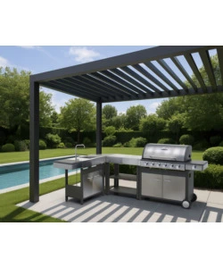 CUCINA DA ESTERNO MODULARE OMPAGRILL "INDIAN" IN ACCIAIO INOX CON BARBECUE INDIANAPOLIS 7/B, LAVELLO, TAVOLO E CORNER