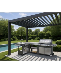 CUCINA DA ESTERNO MODULARE OMPAGRILL "INDIAN" IN ACCIAIO INOX CON BARBECUE INDIANAPOLIS 7/B, LAVELLO, TAVOLO E CORNER