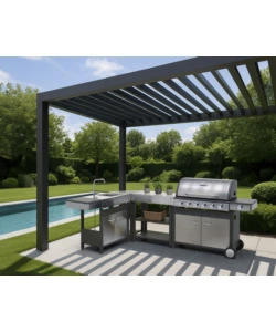 CUCINA DA ESTERNO MODULARE OMPAGRILL "INDIAN" IN ACCIAIO INOX CON BARBECUE INDIANAPOLIS 7/B, LAVELLO, TAVOLO E CORNER