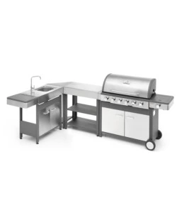 CUCINA DA ESTERNO MODULARE OMPAGRILL "INDIAN" IN ACCIAIO INOX CON BARBECUE INDIANAPOLIS 7/B, LAVELLO, TAVOLO E CORNER