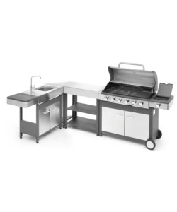 CUCINA DA ESTERNO MODULARE OMPAGRILL "INDIAN" IN ACCIAIO INOX CON BARBECUE INDIANAPOLIS 7/B, LAVELLO, TAVOLO E CORNER