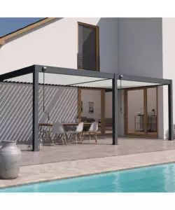 PERGOLA BIOCLIMATICA ADDOSSATA OMBRÉA "VS"  IN ALLUMINIO BIANCO E ANTRACITE 596X303X257 CM