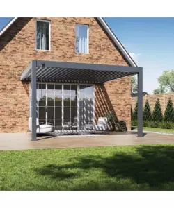 PERGOLA BIOCLIMATICA ADDOSSATA OMBRÉA "VS" IN ALLUMINIO BIANCO E ANTRACITE 399X399X255,8 CM