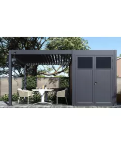 PERGOLA BIOCLIMATICA E CASETTA DA GIARDINO OMBRÉA IN ALLUMINIO ANTRACITE 5x3 MT