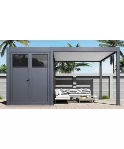 PERGOLA BIOCLIMATICA E CASETTA DA GIARDINO OMBRÉA IN ALLUMINIO ANTRACITE E BIANCO 5x4 MT