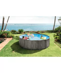 PISCINA FUORI TERRA CON STRUTTURA ROTONDA INTEX "PRISM GREYWOOD" CON POMPA FILTRO, SCALETTA, TELO BASE E TELO DI COPERTURA EFFETTO LEGNO GRIGIO 457X457X122 CM - COD. 26742ND